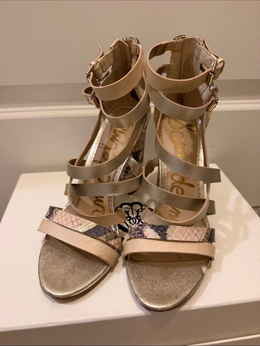 Sam Edelman Multi-Strap Snake-Print Block Heel Sandals - Beige / Taupe